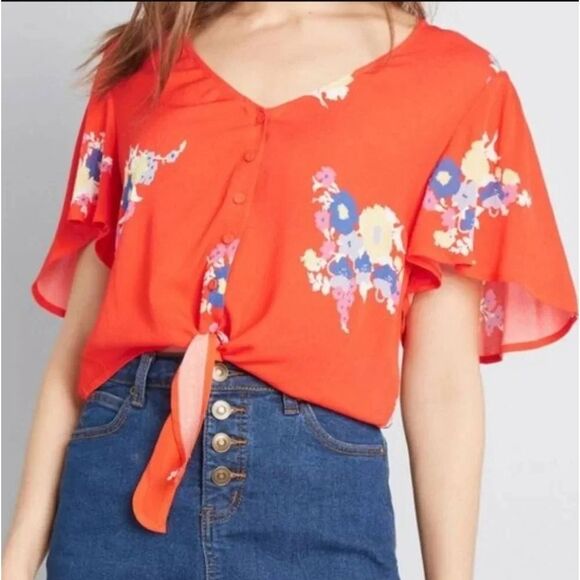 Mod Cloth Breezy Tendency Crop Top Floral Tie Front Oversized Drapey Size 2X - Picture 2 of 10